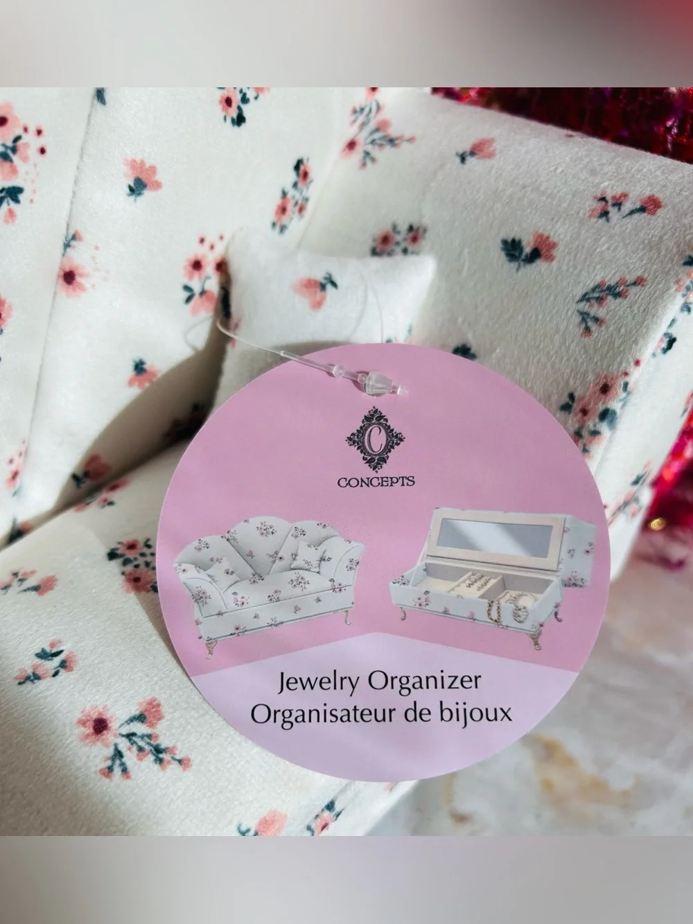 Jewelry Organizer Miniature Tufted Sofa Box in Floral Pattern over Ivory White